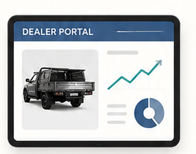 A tablet headed DEALER PORTAL showing a photo of a fitted-out ute next to a rising trend line and a donut chart.