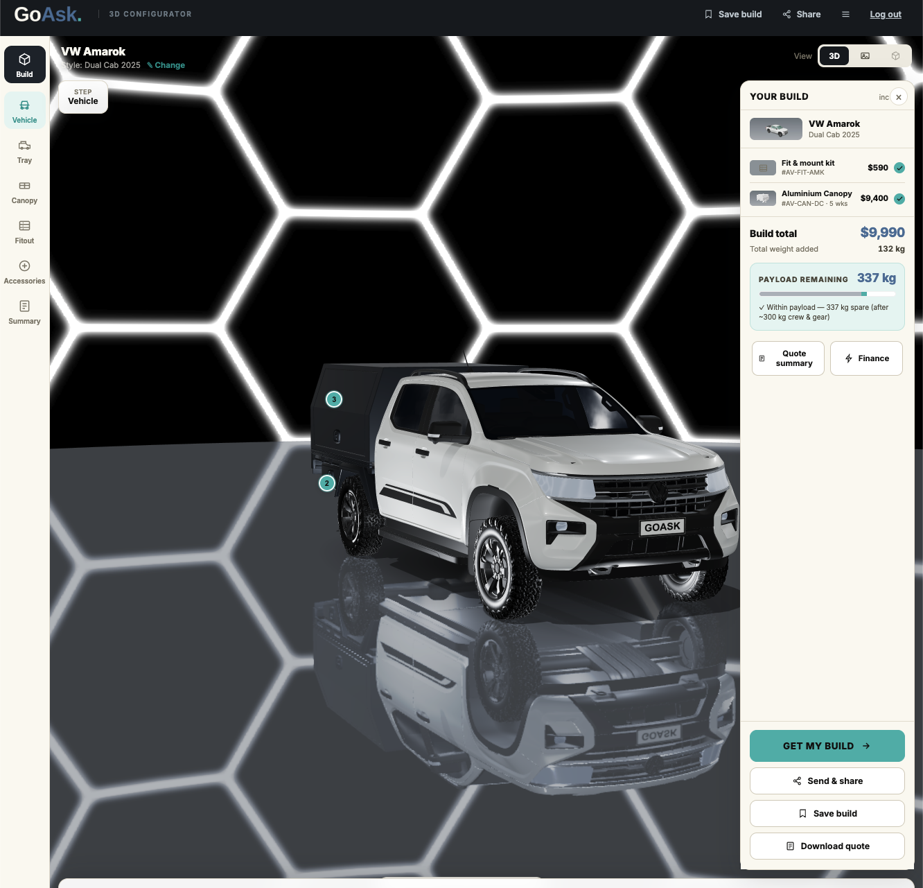 The GoAsk 3D Configurator on a desktop screen showing a white VW Amarok with a black aluminium canopy, the YOUR BUILD list, a $9,990 total and 337 kg payload remaining.