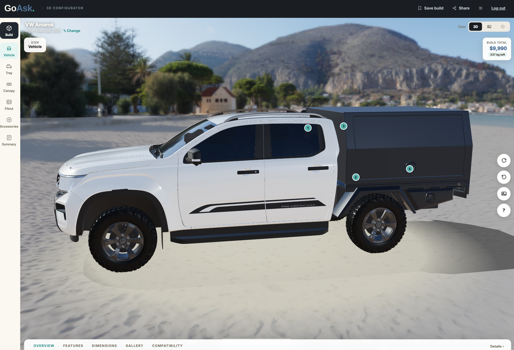 The GoAsk 3D Configurator rendering the same white VW Amarok build side-on on a beach with headland and palm trees behind it.