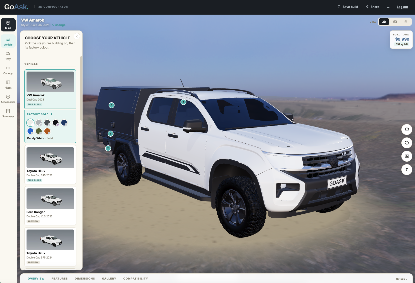 The GoAsk 3D Configurator rendering a white VW Amarok with a dark canopy parked on desert sand, with the CHOOSE YOUR VEHICLE panel and factory colour swatches open.