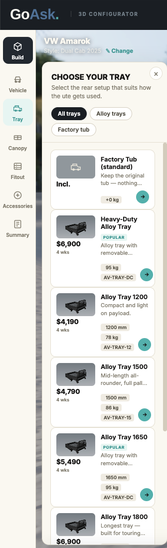 The GoAsk 3D Configurator on a phone showing the CHOOSE YOUR TRAY list with alloy tray options, prices, weights, part numbers and lead times.